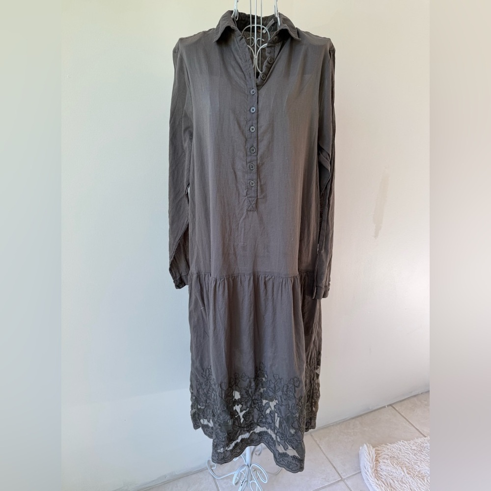Free People Gray Long Sleeve Midi Dress with Lace Hem